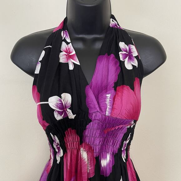 Vtg Black Pink Hibiscus Flower Halter Dress Hawaiian Y2K Babydoll Fairy Sz M - Picture 2 of 10